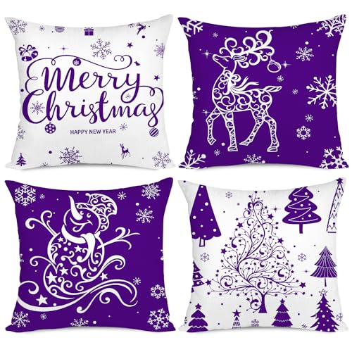 Miaikoe Weihnachtskissenbezüge 45x45 Set von 4 Weihnachtsdekoration Bäume Hirsch Schneemann Frohe Weihnachten Dekorative Urlaub Bauernhaus Kissenbezüge für Urlaub Weihnachtsdekoration (Lila) von Miaikoe