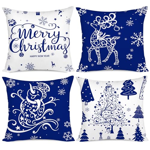 Miaikoe Weihnachtskissenbezüge 45x45 Set von 4 Weihnachtsdekoration Bäume Hirsch Schneemann Frohe Weihnachten Dekorative Urlaub Bauernhaus Kissenbezüge für Urlaub Weihnachtsdekoration (blau) von Miaikoe