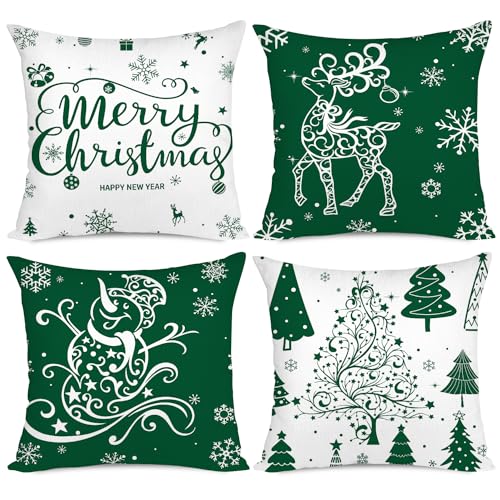 Miaikoe Weihnachtskissenbezüge 55x55 Set von 4 Weihnachtsdekoration Bäume Hirsch Schneemann Frohe Weihnachten Dekorative Urlaub Bauernhaus Kissenbezüge für Urlaub Weihnachtsdekoration (Grün) von Miaikoe