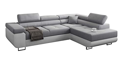 Miami Ecksofa Schlaffunktion, Eckcouch mit Bettkasten, Schlafsofa mit bettfunktion, L Form Couch, Ecksofa mit Bettkasten, Ottomane Rechts, 272 x 203 cm (Hellgrau + Weißer Kunstleder -EKO) von Miami