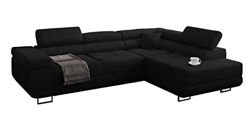 Miami Ecksofa Schlaffunktion, Eckcouch mit Bettkasten, Schlafsofa mit bettfunktion, L Form Couch, Ecksofa mit Bettkasten, Ottomane Rechts, 272 x 203 cm (Schwarz + Schwarzer Kunstleder -EKO) von Miami