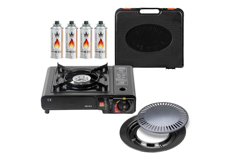 Mianova Camping-Gasgrill 1 flammig Campingkocher + 4 Gasflaschen + Grillplatte + Koffer Kocher, Gas Gaskocher Gaskartuschen BBQ Barbecue Campingherd Stromausfall Notkocher Grillplatte Herd Tischgrill, Outdoor Camping Notfallkocher Outdoor Grill Notfall für Kartuschen von Mianova