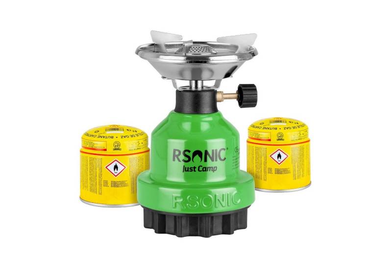 Mianova Camping-Gasgrill 1 flammig Gaskocher + 2 Kartuschen Grün Campingkocher Gas Kocher, BBQ Barbecue Tischgrill Notfall Campingherd Stromausfall Notfallkocher Notkocher, Metall Kohleanzünder Outdoor Grill Camping Herd von Mianova
