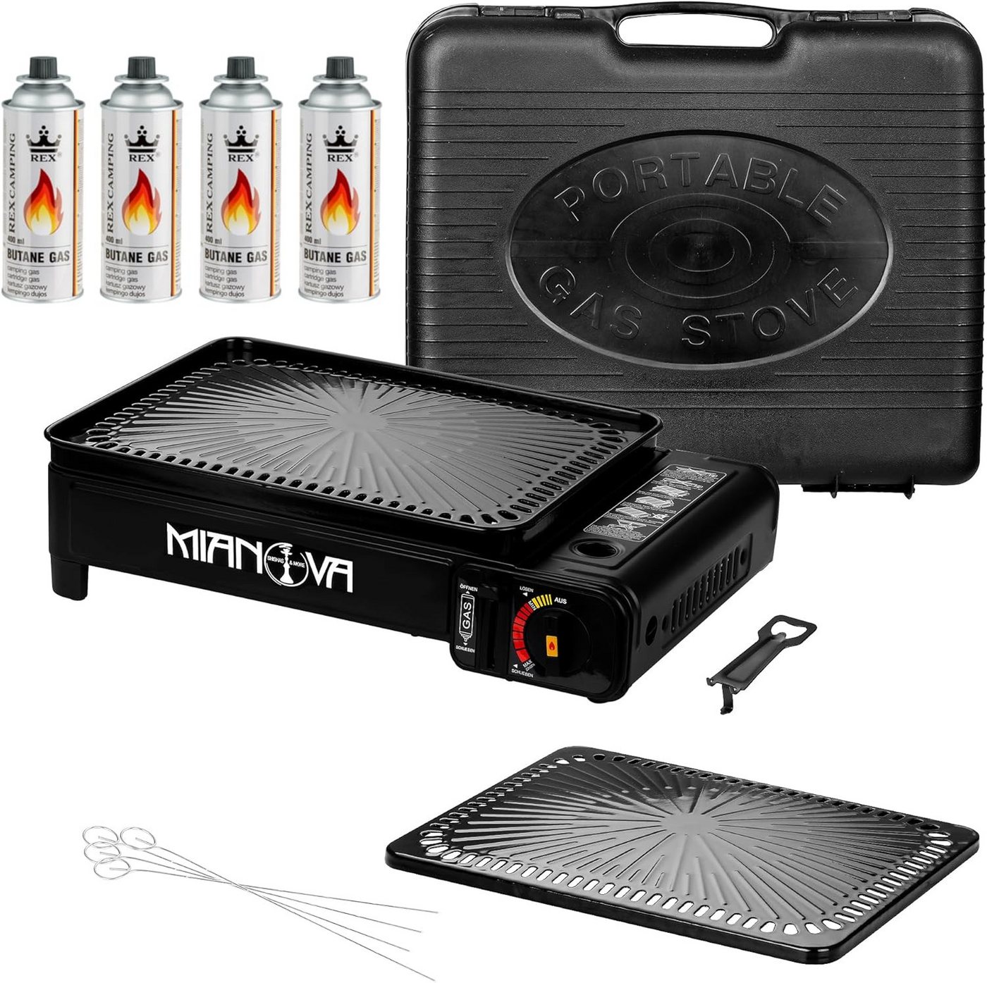 Mianova Camping-Gasgrill Campinggrill Campingkocher Tischgrill Grillplatte Rost 4 Gaskartuschen, Gasgrill für Camping Angeln Zelten - Ideal zum Grillen - Geliefert im Tragekoffer Mianova Camping-Gasgrill Campinggrill Campingkocher Tischgrill Grillplatte Rost 4 Gaskartuschen, Gasgrill für Camping Angeln Zelten - Ideal zum Grillen - Geliefert im Tragekoffer von Mianova
