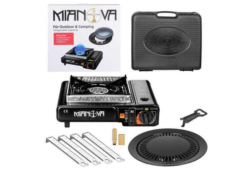 Mianova Camping-Gasgrill Campingkocher 1 flammig Set Outdoor Gaskocher Notfallkocher Gas Kocher, 2 in 1 LPG-Anschluss, Grillplatte, Koffer, Windschutz Optional mit Gas, BBQ Grill Tisch Herd Gasgrill für Gaskartuschen Kartuschen Gasflasche von Mianova