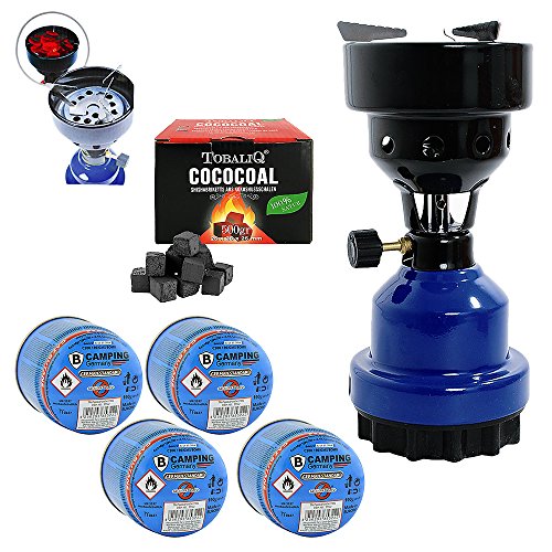 Mianova Campingkocher Camping Kocher Shisha Kohleanzünder Notfallkocher Grill Anzünder Gaskocher Gaskartuschen mit 4 Kartuschen Gasflaschen Kohle Blau von Mianova