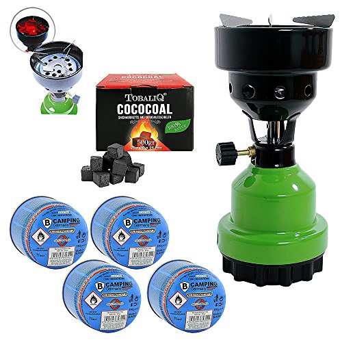 Mianova Campingkocher Camping Kocher Shisha Kohleanzünder Notfallkocher Grill Anzünder Gaskocher Gaskartuschen mit 4 Kartuschen Gasflaschen Kohle Grün von Mianova