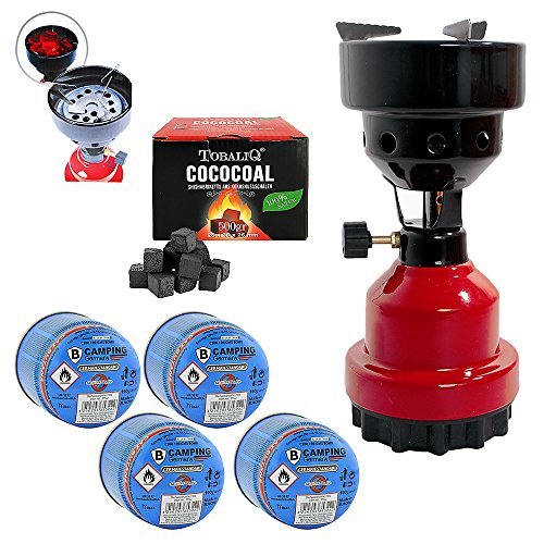 Mianova Campingkocher Camping Kocher Shisha Kohleanzünder Notfallkocher Grill Anzünder Gaskocher Gaskartuschen mit 4 Kartuschen Gasflaschen Kohle Rot von Mianova