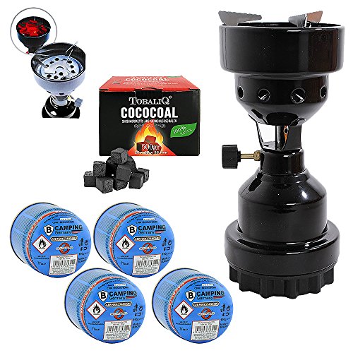 Mianova Campingkocher Camping Kocher Shisha Kohleanzünder Notfallkocher Grill Anzünder Gaskocher Gaskartuschen mit 4 Kartuschen Gasflaschen Kohle Schwarz von Mianova
