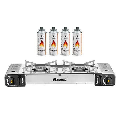 Mianova Campingkocher Doppel Gaskocher 2 flammiger Anzünder Grill Notfallkocher Kühltasche Gaskartuschen Gas Kocher Set Silber 4 Gasflaschen von Mianova