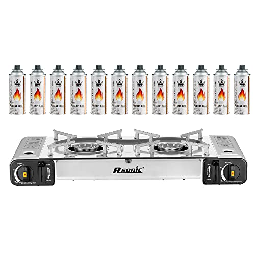 Mianova Campingkocher Doppel Gaskocher 2 flammiger Shisha Anzünder Grill Notfallkocher Kühltasche Gaskartuschen Gas Kocher Set Silber 12 Gasflaschen von Mianova