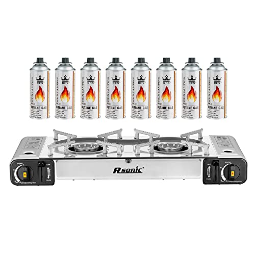 Mianova Campingkocher Doppel Gaskocher 2 flammiger Shisha Anzünder Grill Notfallkocher Kühltasche Gaskartuschen Gas Kocher Set Silber 8 Gasflaschen von Mianova