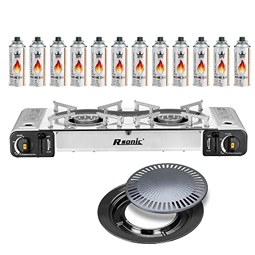 Mianova Campingkocher Doppel Gaskocher 2 flammiger Shisha Anzünder Grill Notfallkocher Kühltasche Gaskartuschen Gas Kocher Set Silber Grillplatte 12 Gasflaschen von Mianova
