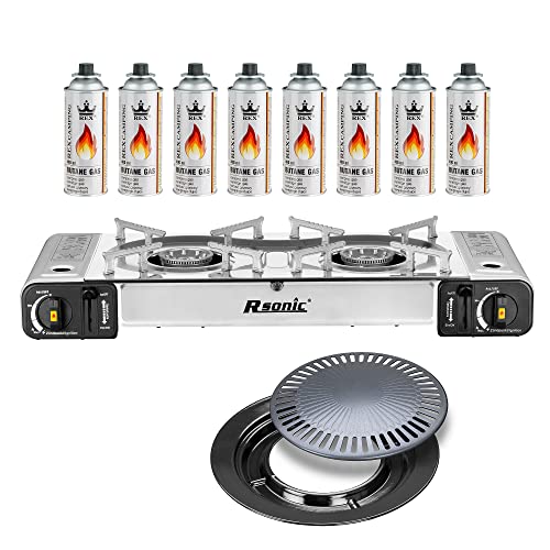 Mianova Campingkocher Doppel Gaskocher 2 flammiger Shisha Anzünder Grill Notfallkocher Kühltasche Gaskartuschen Gas Kocher Set Silber Grillplatte 8 Gasflaschen Mianova Campingkocher Doppel Gaskocher 2 flammiger Shisha Anzünder Grill Notfallkocher Kühltasche Gaskartuschen Gas Kocher Set Silber Grillplatte 8 Gasflaschen von Mianova