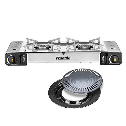Mianova Campingkocher Doppel Gaskocher 2 flammiger Shisha Anzünder Grill Notfallkocher Kühltasche Gaskartuschen Gas Kocher Set Silber Grillplatte von Mianova