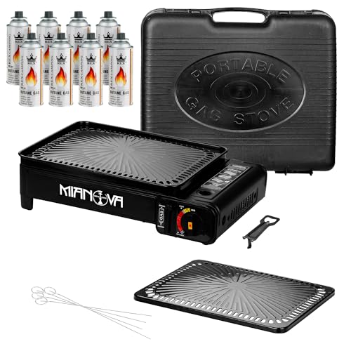 Mianova Campingkocher Gaskocher im Koffer BBQ Grill Anzünder Camping Shisha Kohle Kohleanzünder Notfallkocher RS-4030 mit 8 Gasflaschen Kühltasche von Mianova