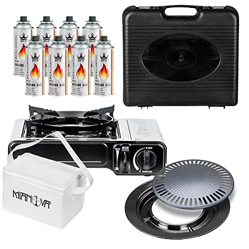 Mianova Campingkocher Outdoor Gaskocher Notfallkocher BBQ Anzünder Grill Gaskartuschen Gas Kocher Herd 1 flammig Set Grillplatte Camping Koffer Grillplatte + 8 Gasflaschen von Mianova