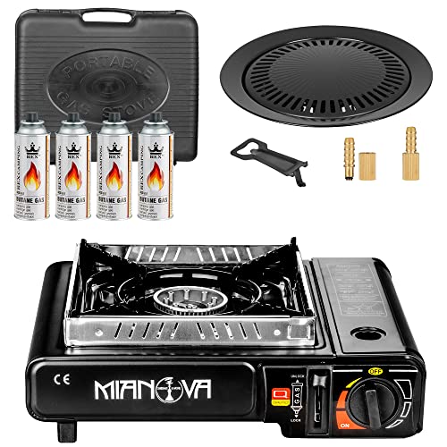 Mianova Campingkocher Outdoor Gaskocher Shisha BBQ Anzünder Grill Notfallkocher Gaskartuschen Gas Kocher Herd Set Grillplatte 4 Gasflaschen von Mianova