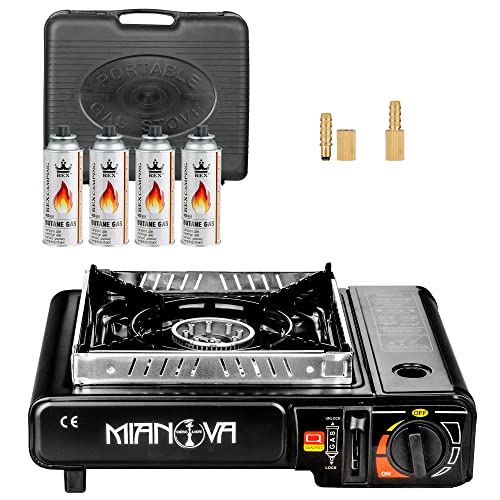 Mianova Campingkocher Outdoor Gaskocher Shisha BBQ Anzünder Grill Notfallkocher Gaskartuschen Gas Kocher Herd Set Schwarz 4 Gasflaschen von Mianova