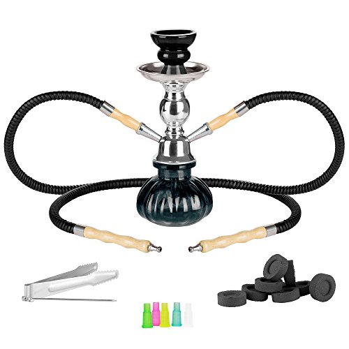 Mianova Wasserpfeife Shisha Hookah Set 28cm mit 2 Schläuchen inkl. Kohle 5 Mundstücke Zange Schwarz von Mianova