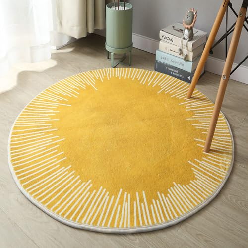 Miaogoo Runder, glatter Bodenteppich, Schlafzimmer, weicher Nachttisch, runder Teppich, rutschfest, dekorative Matte, mehrere Durchmesser, abstrakte Bodenmatte (Durchmesser: 180 cm, Gelb) von Miaogoo