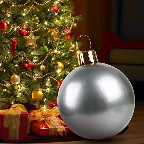 Groß Weihnachten Aufblasbar Ball, 18 Zoll PVC Wasserdicht Weihnachtskugel Deko Gartendekorationen Christbaumkugel Ornamente mit Aufhängeöse Luftpumpe für Garten Indoor Outdoor Dekoration (Silber) von Miaosen