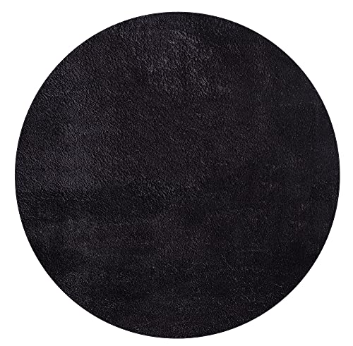 Mia´s Teppiche Taos kuscheliger Kurzflor Teppich, Anti-Rutsch Unterseite, Waschbar bis 30 Grad, Super Soft, Felloptik, Black, 160 x 160 cm Round von Mias Teppiche