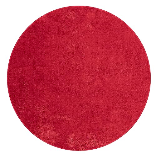 Mia´s Teppiche Taos kuscheliger Kurzflor Teppich, Anti-Rutsch Unterseite, Waschbar bis 30 Grad, Super Soft, Felloptik, Red, 200 x 200 cm Round von Mias Teppiche