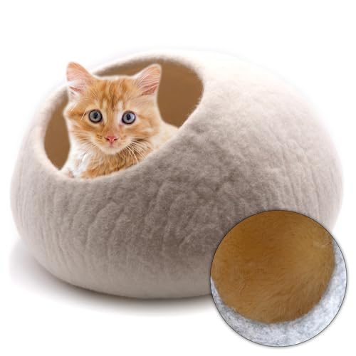 Miauff® Warme Katzenhöhle mit Lammfell Katzenbett aus Filz - Handgefertigte Kuschelhöhle aus 100% Wolle - Hygienisch, geruchsneutral & stilvoll, Ø ca. 42 cm x 28 cm (weiß, mit Lammfell) von Miauff