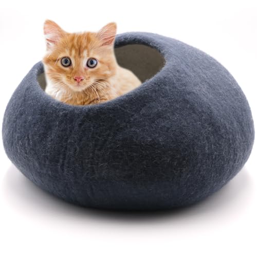 Miauff Katzenhöhle Katzenbett aus Filz - Handgefertigte Kuschelhöhle aus 100% Wolle - Hygienisch, geruchsneutral & stilvoll, Ø ca. 42 cm x 28 cm (azurblau, ohne Lammfell) von Miauff