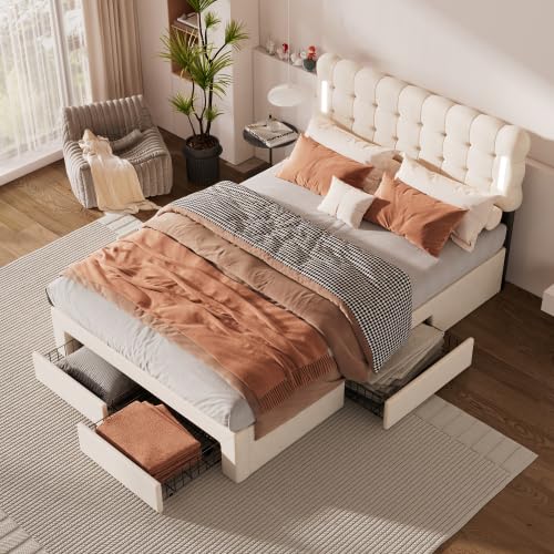Miawtro 140×200cm Flachbett, Gepolstertes Bett, Stauraumbett,Beleuchtung Auf Beiden Seiten des Bettes, Jugendbett 140x200cm Mit Stauraum, Vier Schubladen Am Ende des Bettes (Beige) von Miawtro