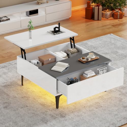 Miawtro 70×70×35cm Couchtisch höhenverstellbarer, Kaffeetisch mit verstecktem Stauraum und Ablagen, Hochglanz Wohnzimmertisch, Schreibtisch mit LED, Sofatisch mit Schubladen (Weiß) von Miawtro