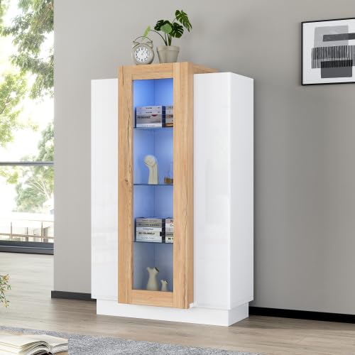 Miawtro 74×40×120cm Wohnzimmerschrank mit 3 Türen, transparente Türen, Vitrine Hochglanz mit LED, Bücherschrank mit Glasablagen und Schublade,Standvitrine mit Einer Höhe von 120cm von Miawtro