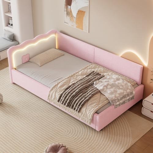 Miawtro 90 x 200cm jugendbett,Daybett, Tagesbett, Schlafsofa LED-Umgebungslicht mit Fernbedienung, Bett mit Lattenrost (ohne Matratze), Vliesimitat(Rosa) von Miawtro