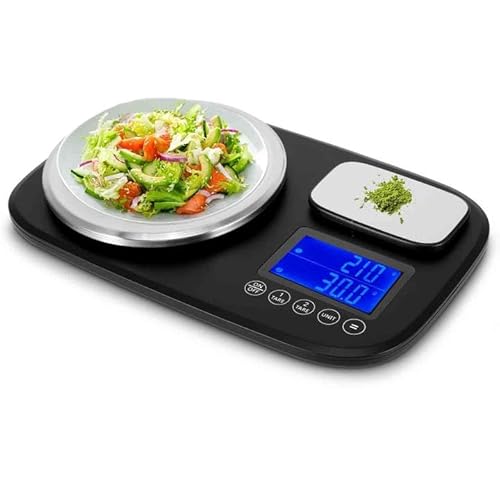 Miawtro Doppelplattform-Küchenwaage, Digitale Waage mit Zwei LCD-Displays, 1g/10kg & 0,1g/1kg Genauigkeit, Edelstahl-Wiegeschalen, Doppelwaage Pizza Ideal für Essen und Schmuck von Miawtro
