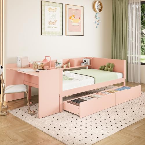 Miawtro Flachbett 90x200cm, ausziehbett 90x200cm,Bett mit Schreibtisch, ausgestattet mit 2 Schubladen, Einzelbett(Ohne Matratze), mit Regalen, Kiefer+Spanplatte（Rosa von Miawtro