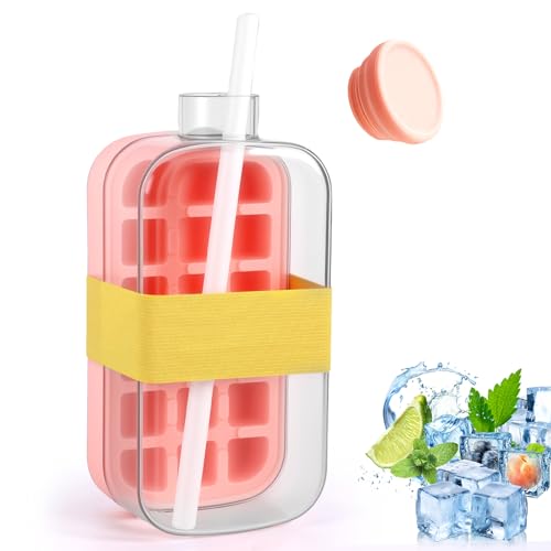 Miawtro Ice Cube Bottle,2 in 1 Eiswürfelflasche mit Strohhalm,Ice Cube Tray Mit Verschließbarem Deckel,Einfaches Entformen Der Eiswürfel,Eiswürfelform für Eiswürfel und Eisgetränke (Rosa) von Miawtro