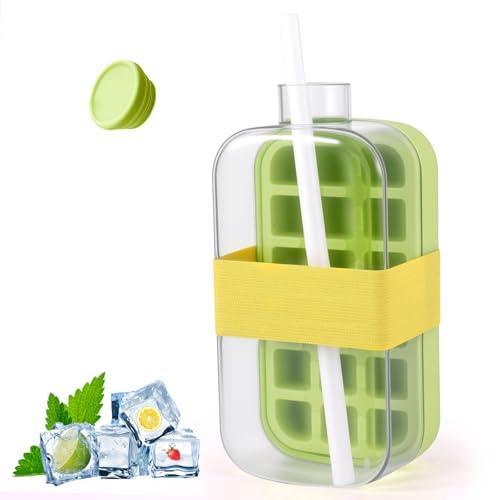 Miawtro Ice Cube Bottle,2 in 1 Eiswürfelflasche mit Strohhalm,Ice Cube Tray Mit Verschließbarem Deckel,Einfaches Entformen Der Eiswürfel,Eiswürfelform für Eiswürfel und Eisgetränke (Grün) Miawtro Ice Cube Bottle,2 in 1 Eiswürfelflasche mit Strohhalm,Ice Cube Tray Mit Verschließbarem Deckel,Einfaches Entformen Der Eiswürfel,Eiswürfelform für Eiswürfel und Eisgetränke (Grün) von Miawtro