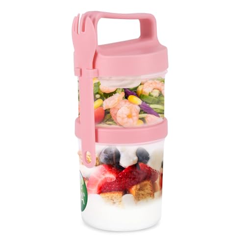 Miawtro Müslibecher to Go Groß, 560ml+360ml 2 in 1 Joghurtbecher to Go Mit Löffel Und Soßendose, Dicht Müslibecher Mit Skala, Komfortabel Müsli to Go Becher Mit Deckelgriff（Rosa） von Miawtro