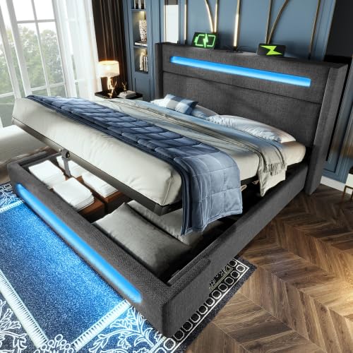 Miawtro Polsterbett Boxspringbett 140x200 cm mit Bettkasten,Doppelbett 140x200 cm,Jugendbett mit LED,Stauraumbett mit USB Type-C Aufladen, Metallbettrahmen mit Holzlatten,Leinen, ohne Matratze (Grau) von Miawtro