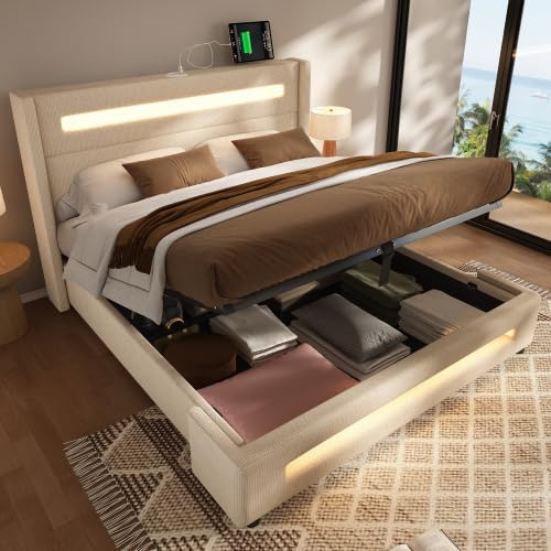 Miawtro Polsterbett Boxspringbett 140x200 cm mit Bettkasten,Doppelbett 140x200 cm,Jugendbett mit LED,Stauraumbett mit USB Type-C Aufladen, Metallbettrahmen mit Holzlatten,Leinen, ohne Matratze (Beige) von Miawtro