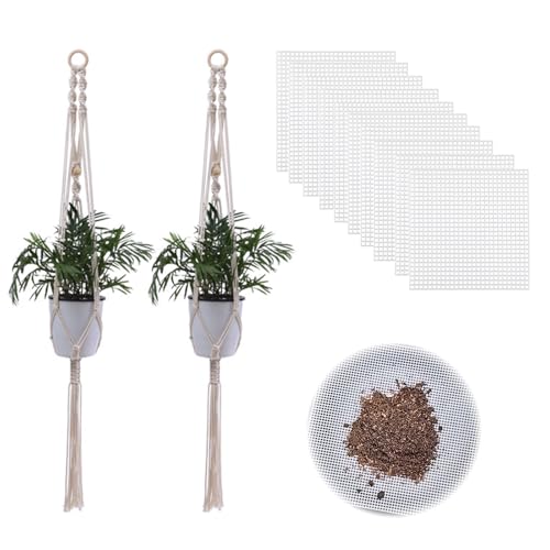 Beige Hängeampel, Makramee Blumenampel, Pflanzenaufhänger, Baumwollseil Hängeampel, mit Blumentopf Mesh Pad, für Innen Außen Garten Wohnzimmer Balkon Fenster Balkone Wanddekoration, 2PCS von Miayical