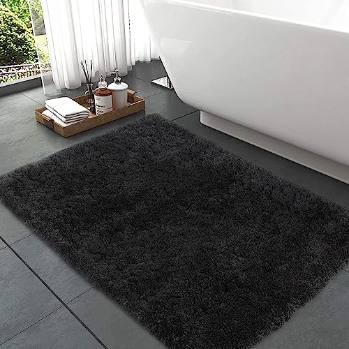 Mibao Badteppich, rutschfeste und waschbare Badematte, Weicher Flauschiger Badvorleger, Shaggy Hochflor-Mikrofasermatte für das Badezimmer, Badezimmerteppich 50 x 80 cm Schwarz Grau von Mibao