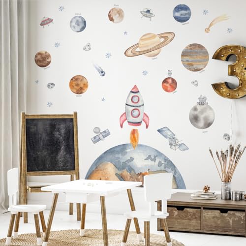 Mica-Mica Wandtattoo Weltraum - Raumschiff mit Planeten im Weltall - Universum | Stoff-Wandtattoos | 100% PVC-frei | Wanddeko, Wandaufkleber & Wandsticker | Deko fürs Kinderzimmer (STI-0249, L) von Mica-Mica