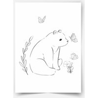Hand-Drawn Forest Friends - Bear With Butterflies Fine Art Print von MicaMicaWalldeco
