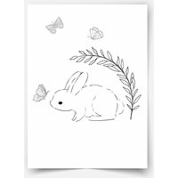Hand-Drawn Forest Friends - Bunny With Butterflies Fine Art Print von MicaMicaWalldeco