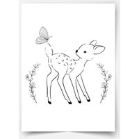 Hand-Drawn Forest Friends - Deer With Butterfly Fine Art Print von MicaMicaWalldeco