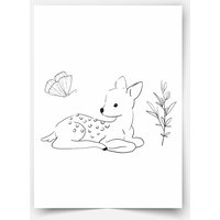 Hand-Drawn Forest Friends - Deer With Butterfly | Sitting Fine Art Print von MicaMicaWalldeco