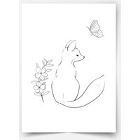 Hand-Drawn Forest Friends - Fox With Butterfly Fine Art Print von MicaMicaWalldeco