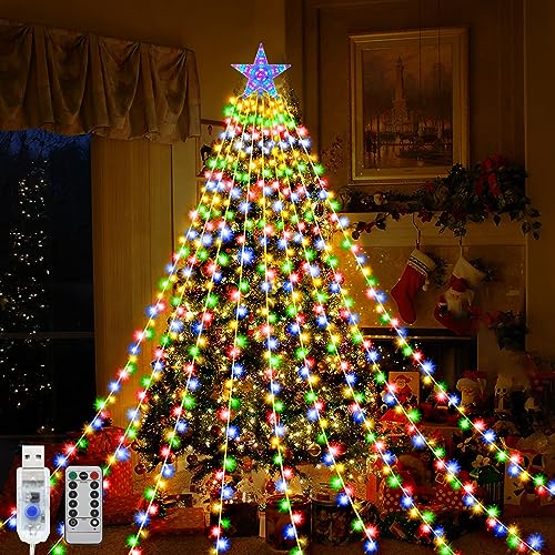 LED Wasserfall Lichterkette Stern 2M 9 Stränge 198 LED USB Lichterkette Weihnachtsbaum mit Topper Stern 8 Modi wasserdichte Lichterkette mit Fernbedienung für Garten Hochzeitsdekoration von Micacorn